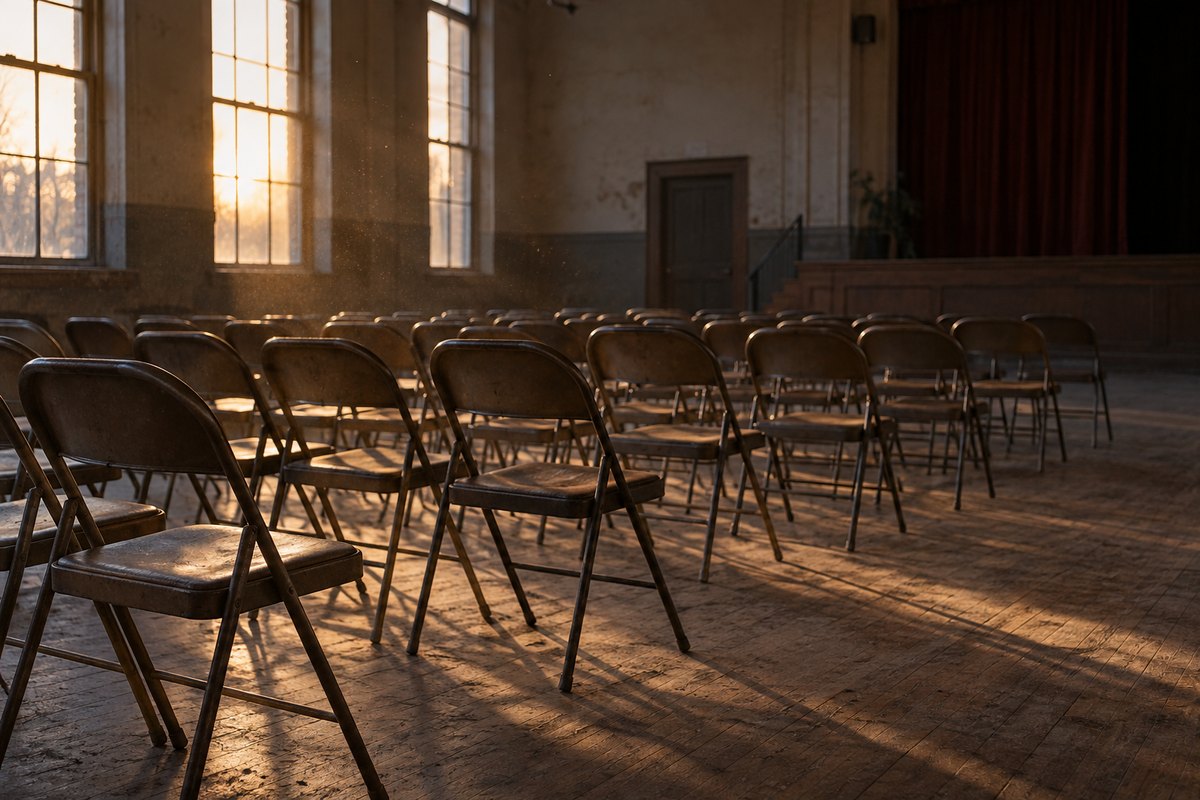 Lege klapstoelen in een stoffige zaal, schemerlicht, zonder merken op de rugleuningen