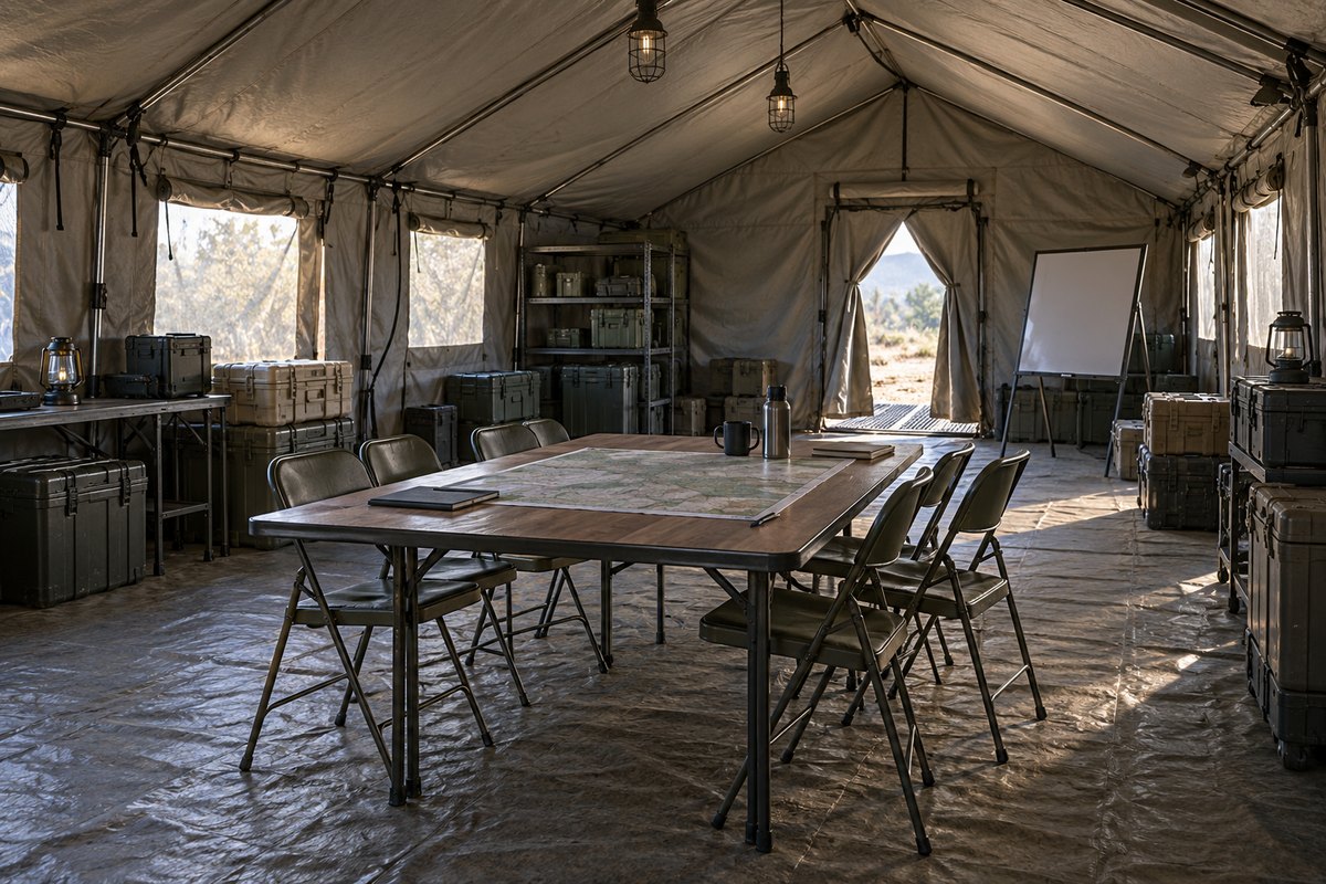 Leeg briefingtent-interieur met ongemarkeerde kisten, zonder vaandels of merken