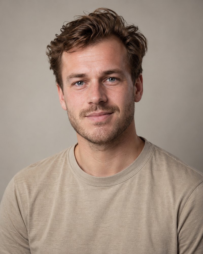 Niels van Dorst, man van ongeveer dertig, zandkleurig overhemd zonder opdruk