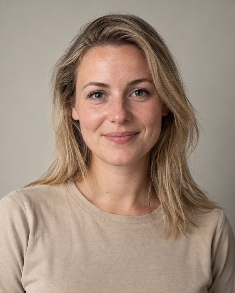 Sanne Meulendijks, vrouw van ongeveer achtentwintig, zandkleurig overhemd zonder opdruk